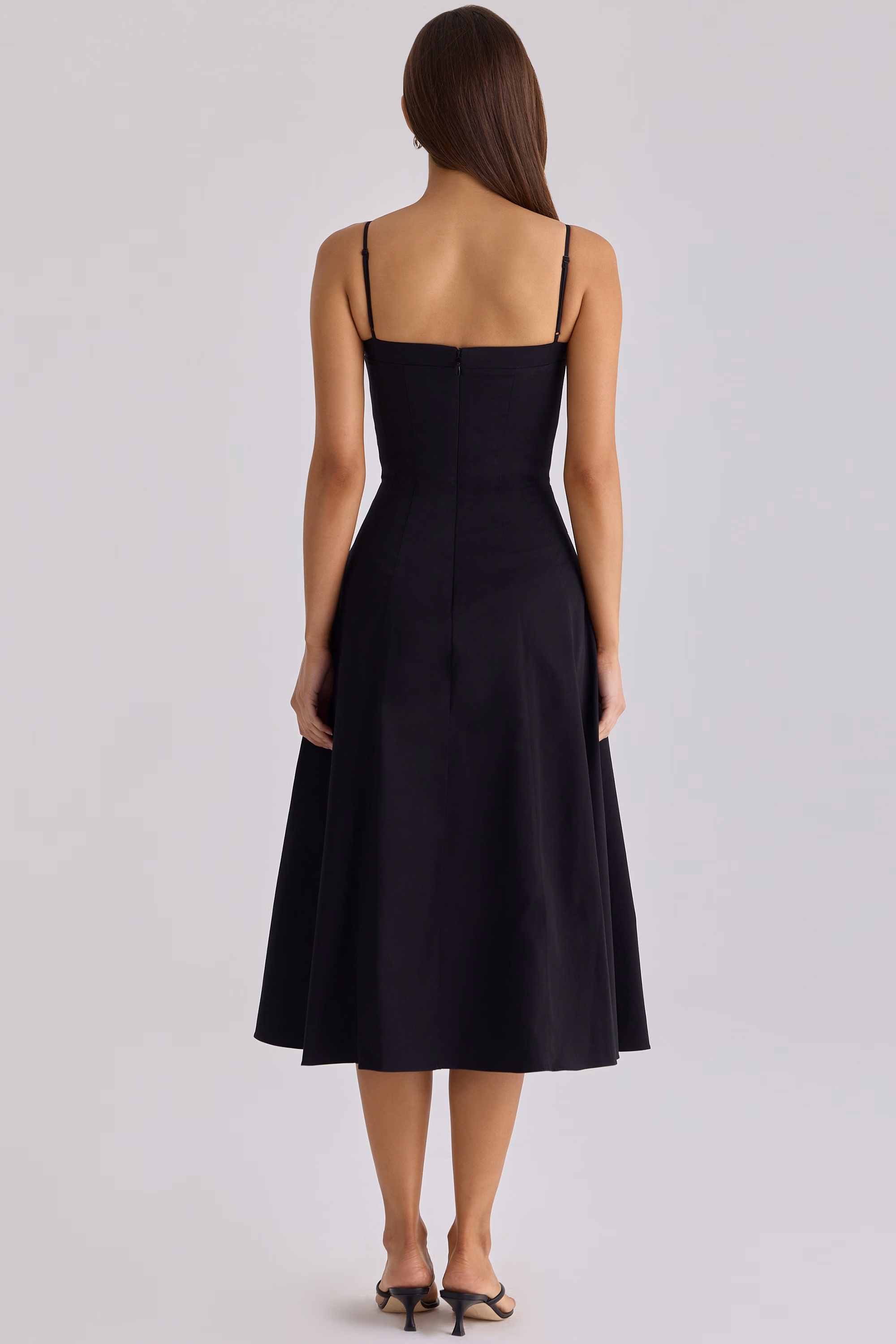 black cotton flared midi sundress