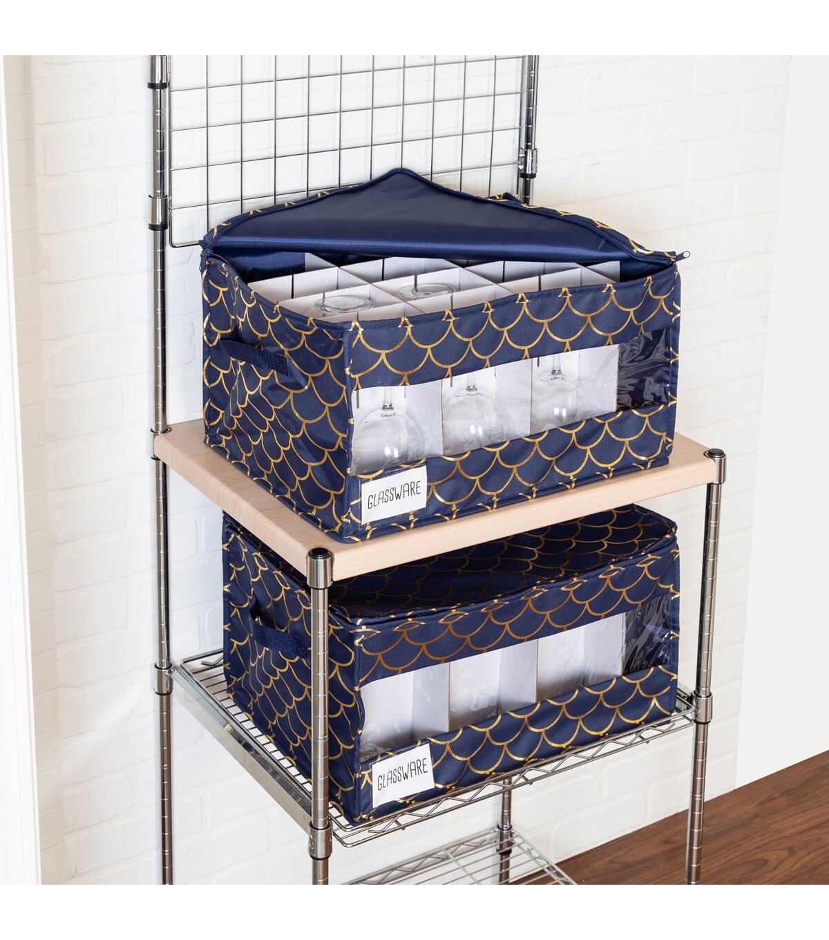 Honey Can Do 18.5 Gold Scallop on Navy Stemware Storage Boxes 2pk