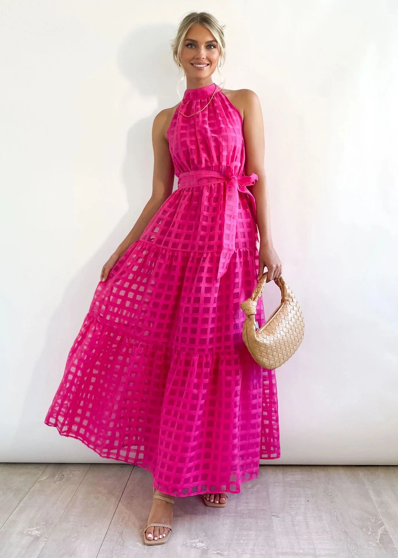 2023 Fashion Trends | Hot Pink Halter Retro Maxi Summer Dress