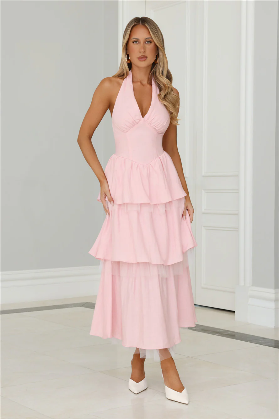 Twinkle Into Night Tulle Halter Maxi Dress Pink