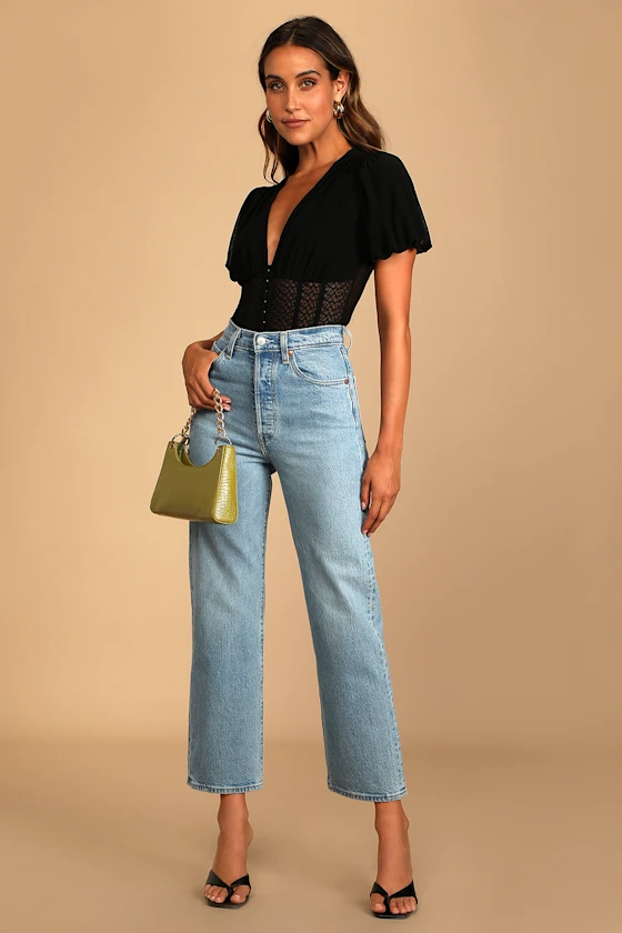 Properly Trendy Black Mesh Puff Sleeve Bodysuit