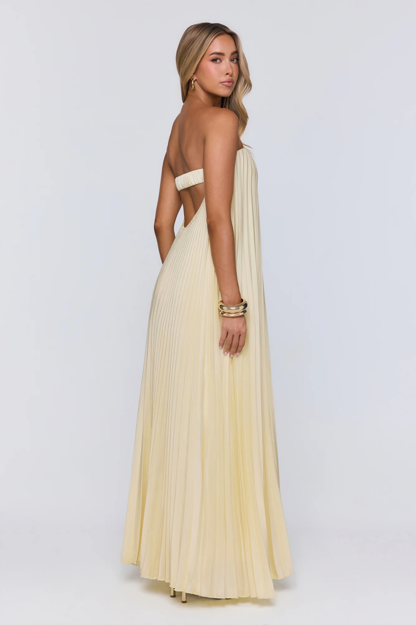 Moonlit Sea Pleated Strapless Maxi Dress Lemon