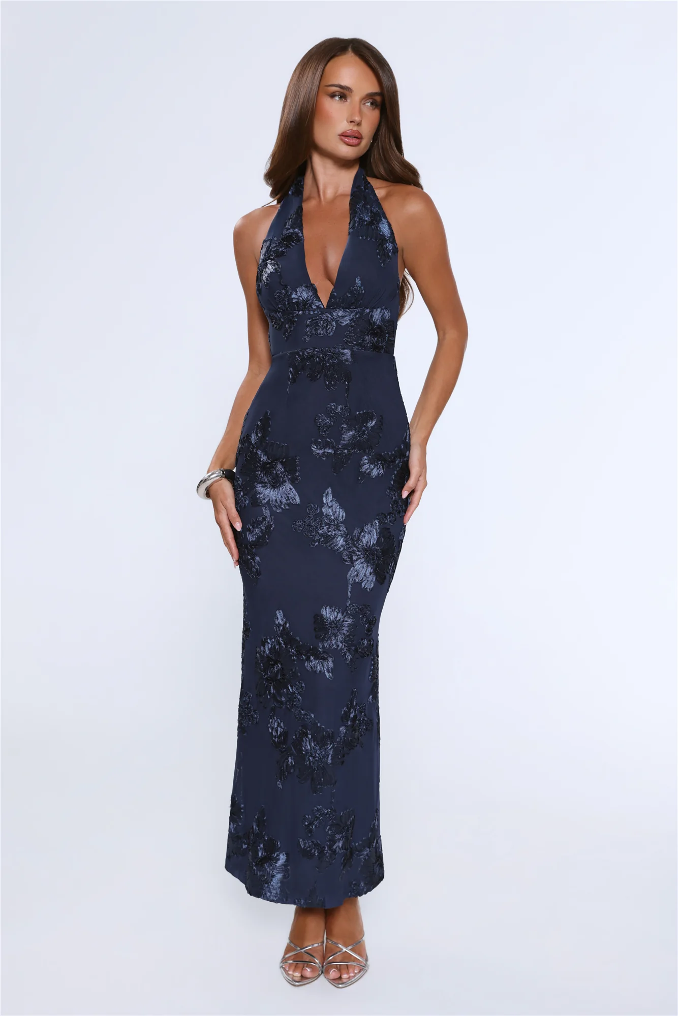 Lime Light Mesh Halter Maxi Dress Navy