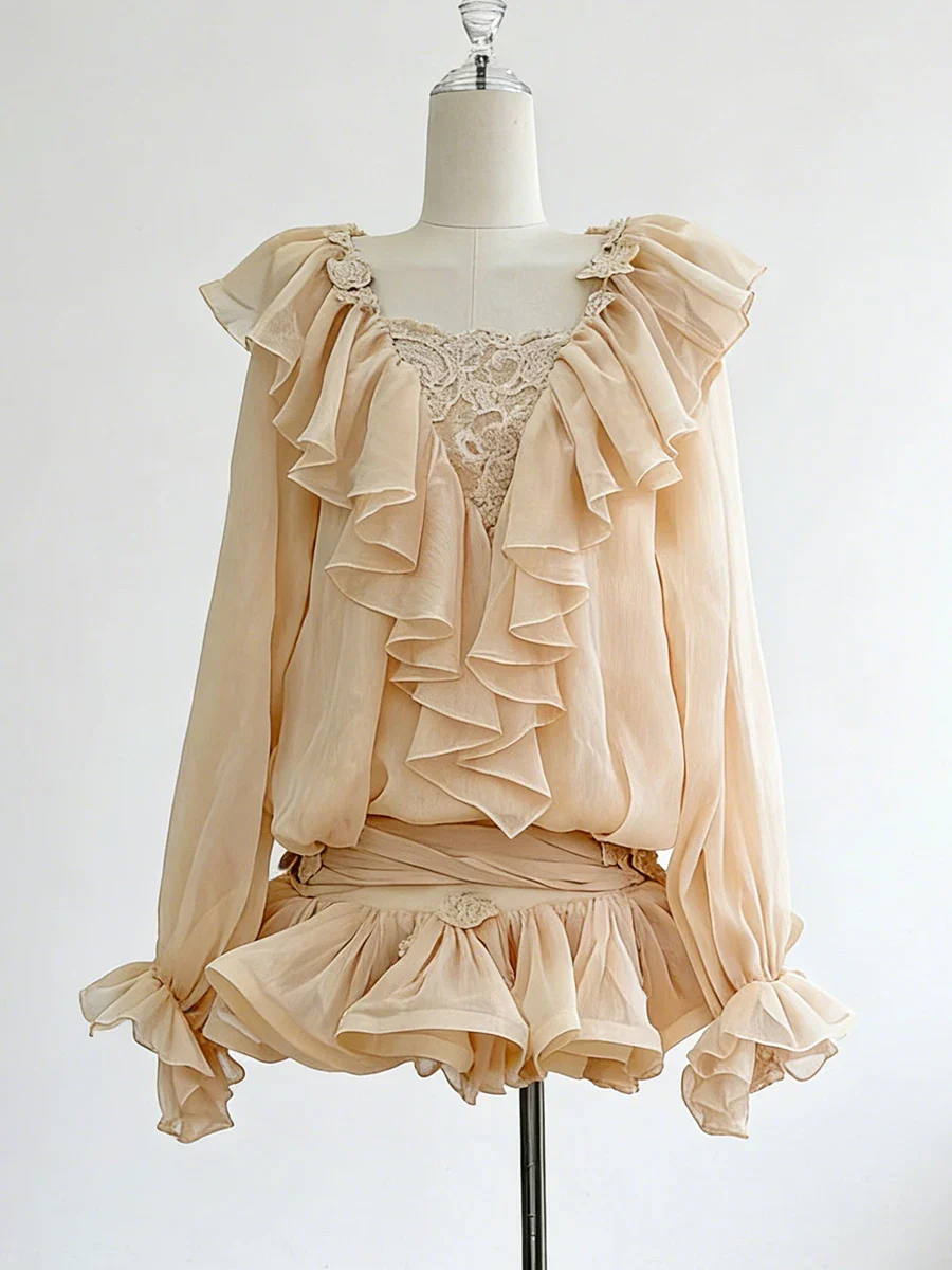 Ruffles Long Sleeve Mesh Mini Dress