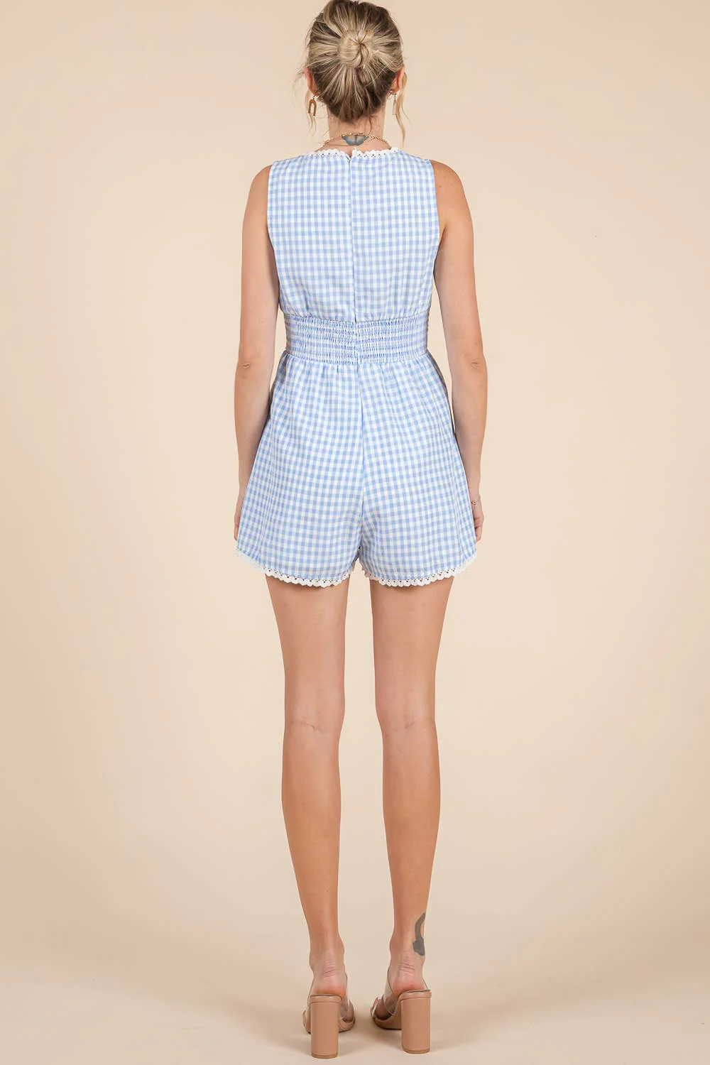 Blue Gingham Lace Romper