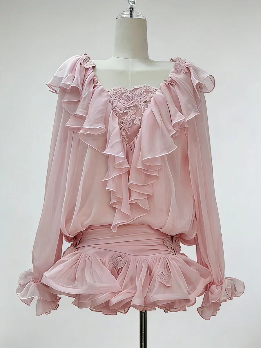 Ruffles Long Sleeve Mesh Mini Dress