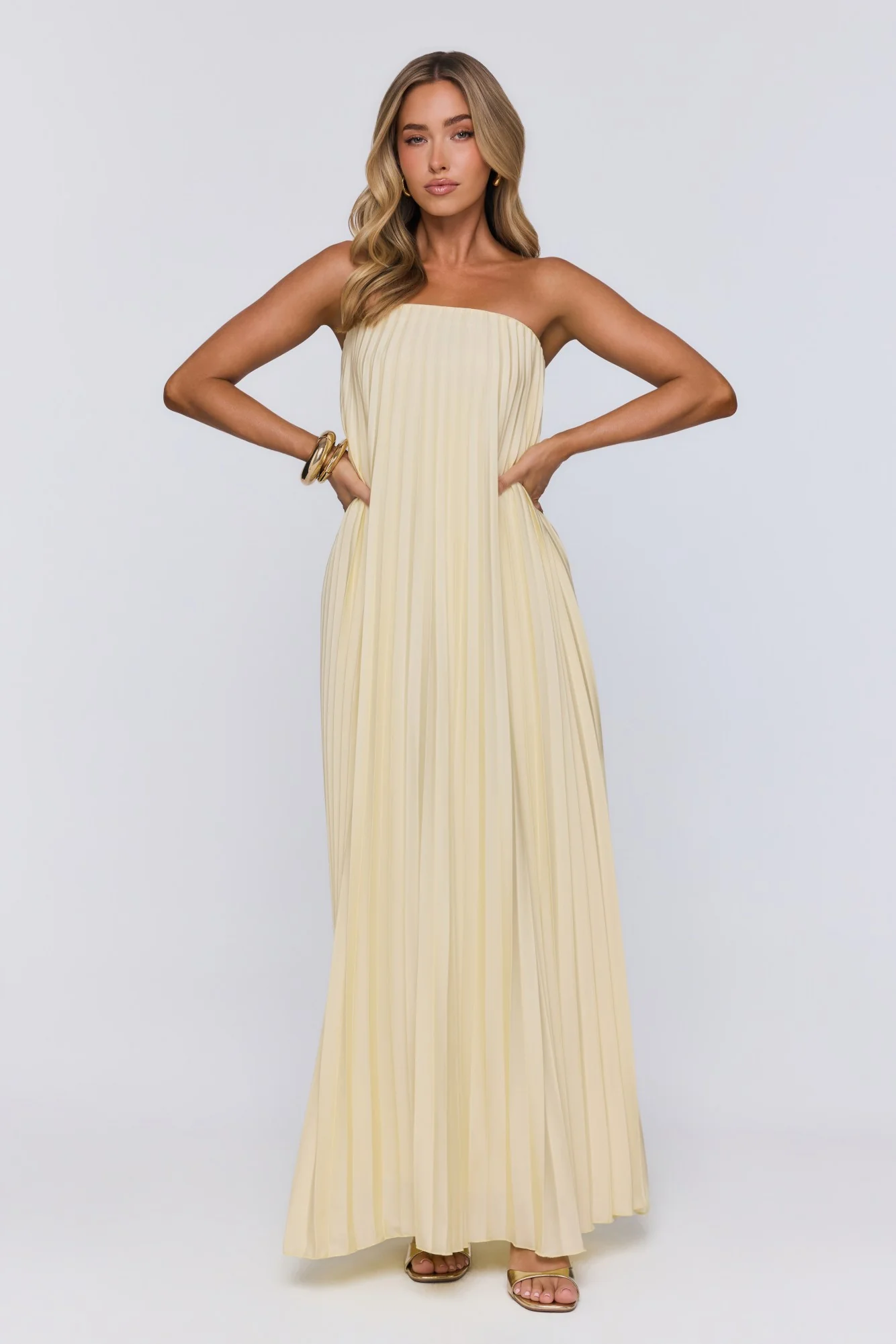 Moonlit Sea Pleated Strapless Maxi Dress Lemon