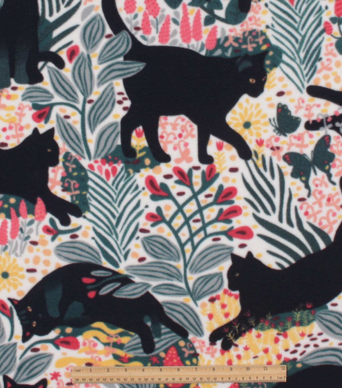 Black Cat on Floral Anti Pill Plush Fleece Fabric