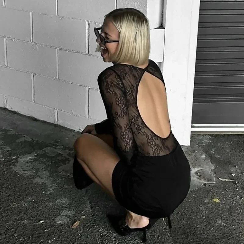 Y2K Lace Sheer High Waist Mini Dress