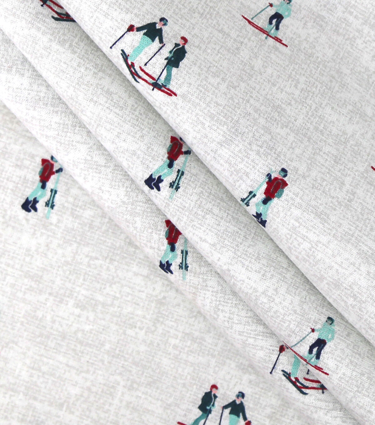 Skiers on White Novelty Cotton Fabric