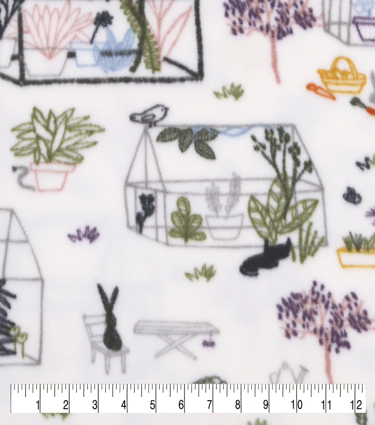 Greenhouses on White Anti Pill Fleece Fabric