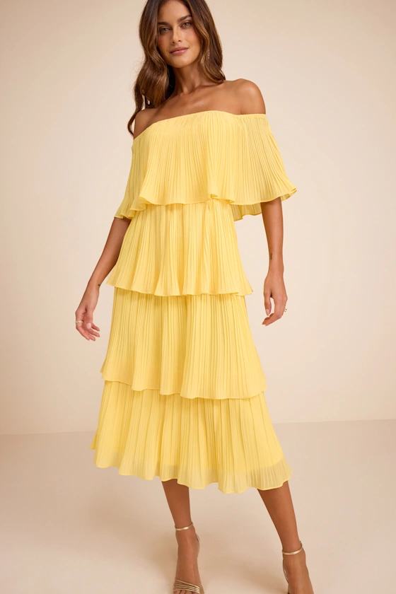 Gala Ready Yellow Off-the-Shoulder Ruffle Midi Dress