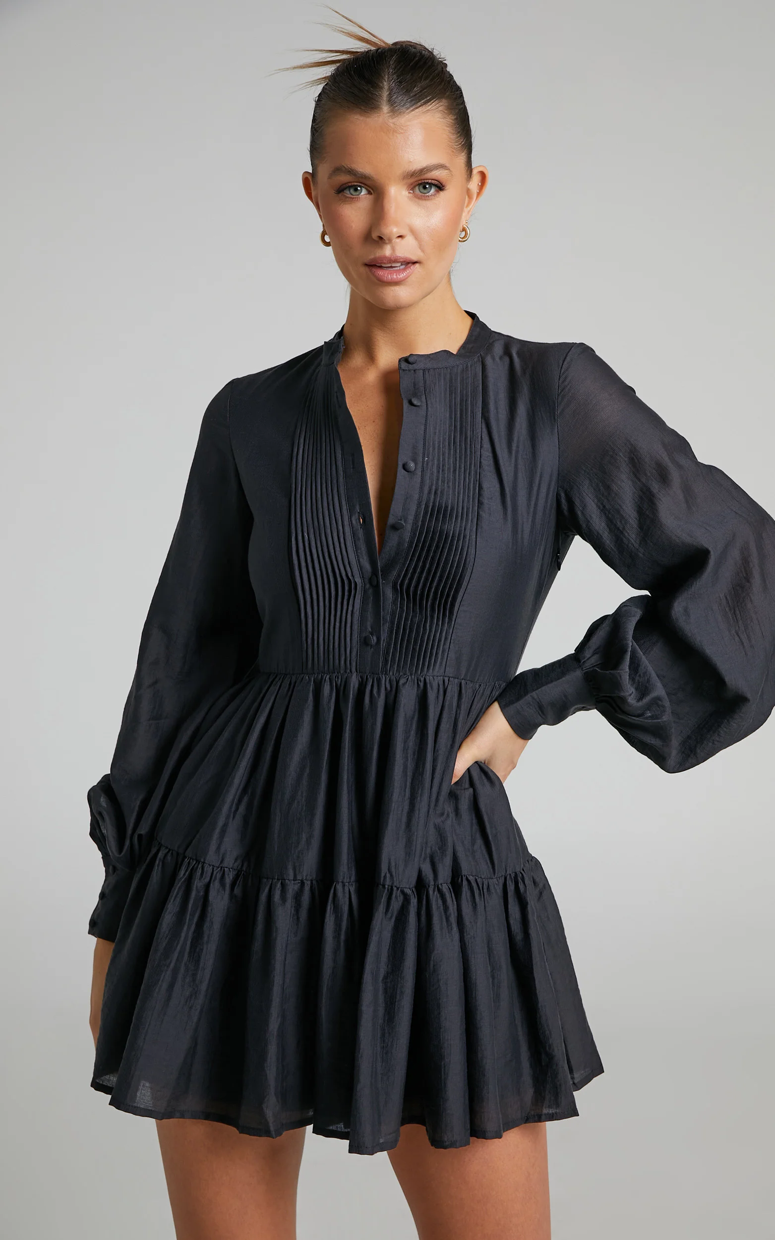 Pin Tuck Detail Tiered Shirt Dress in Black