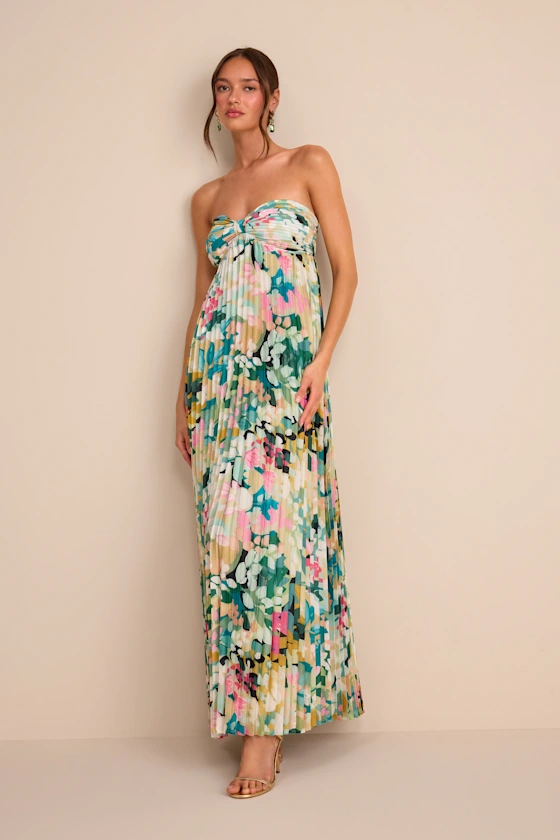 Whimsical Beauty Multi Floral Satin Plisse Strapless Maxi Dress