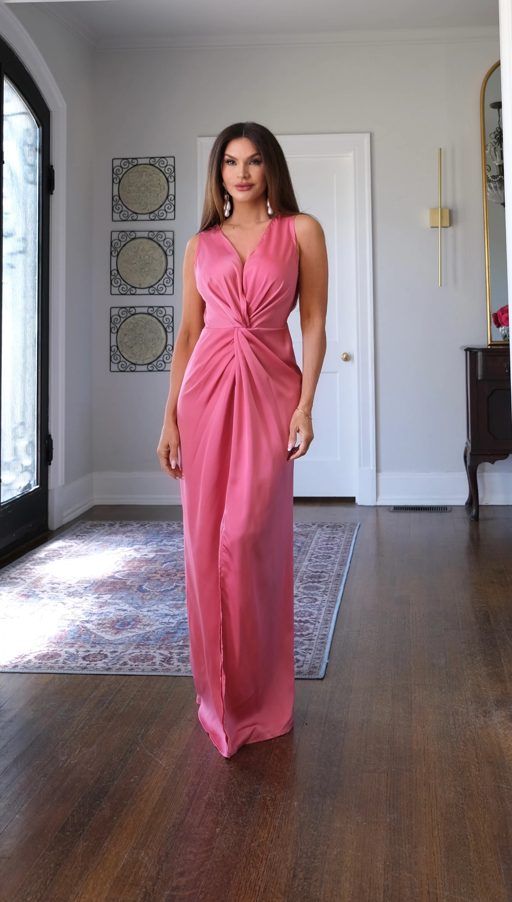 Rebel rose satin knotted v neck maxi dress