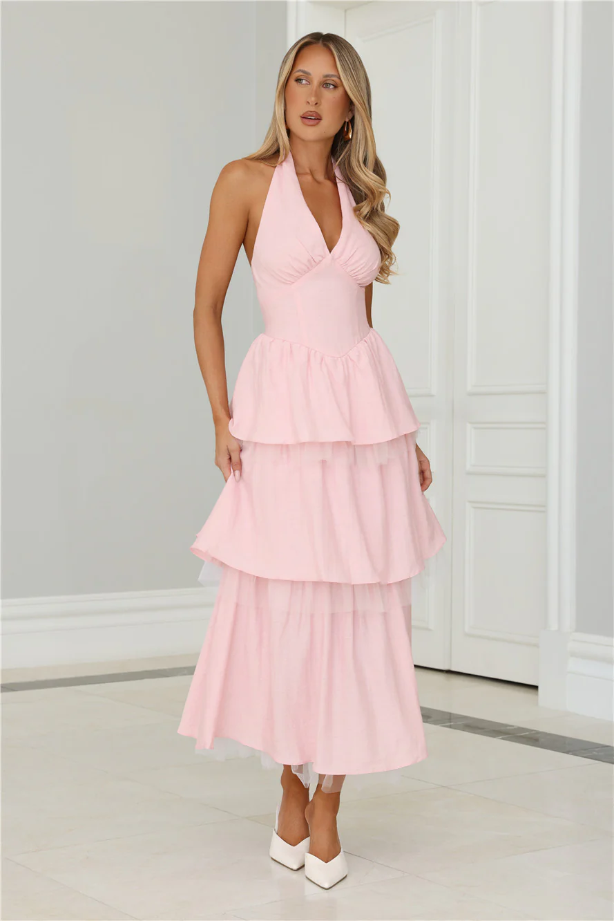 Twinkle Into Night Tulle Halter Maxi Dress Pink