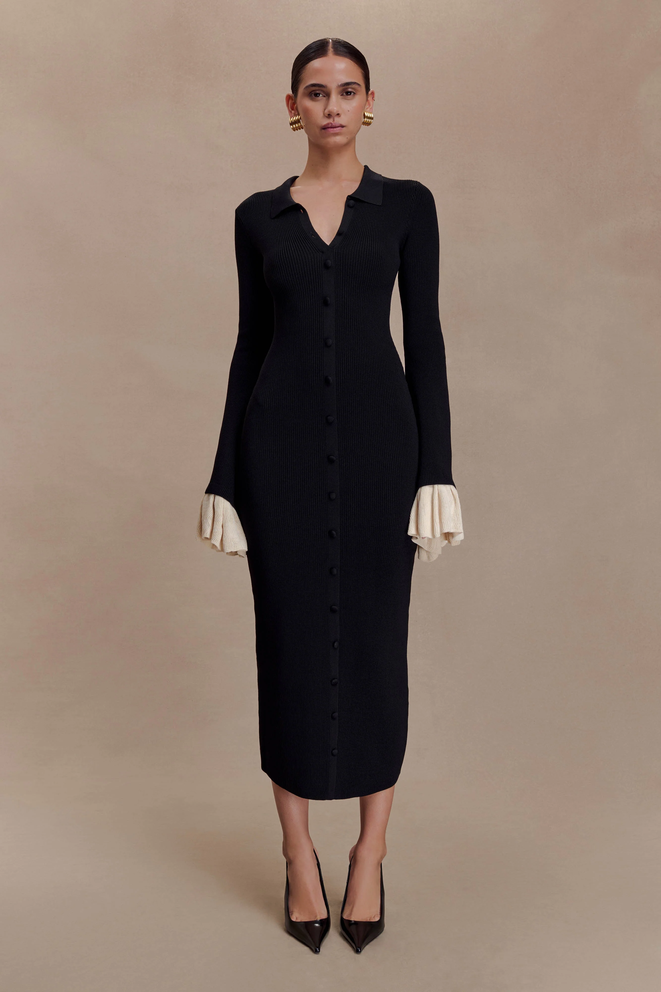 Amirose Ruffle Knit Midi Dress - Black