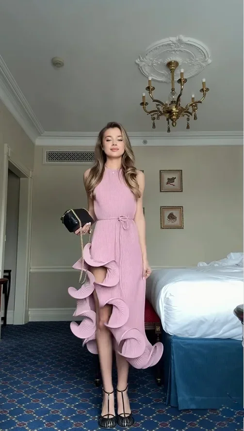 Sculpted Ruffle Asymmetric Hem Halter Midi Dress