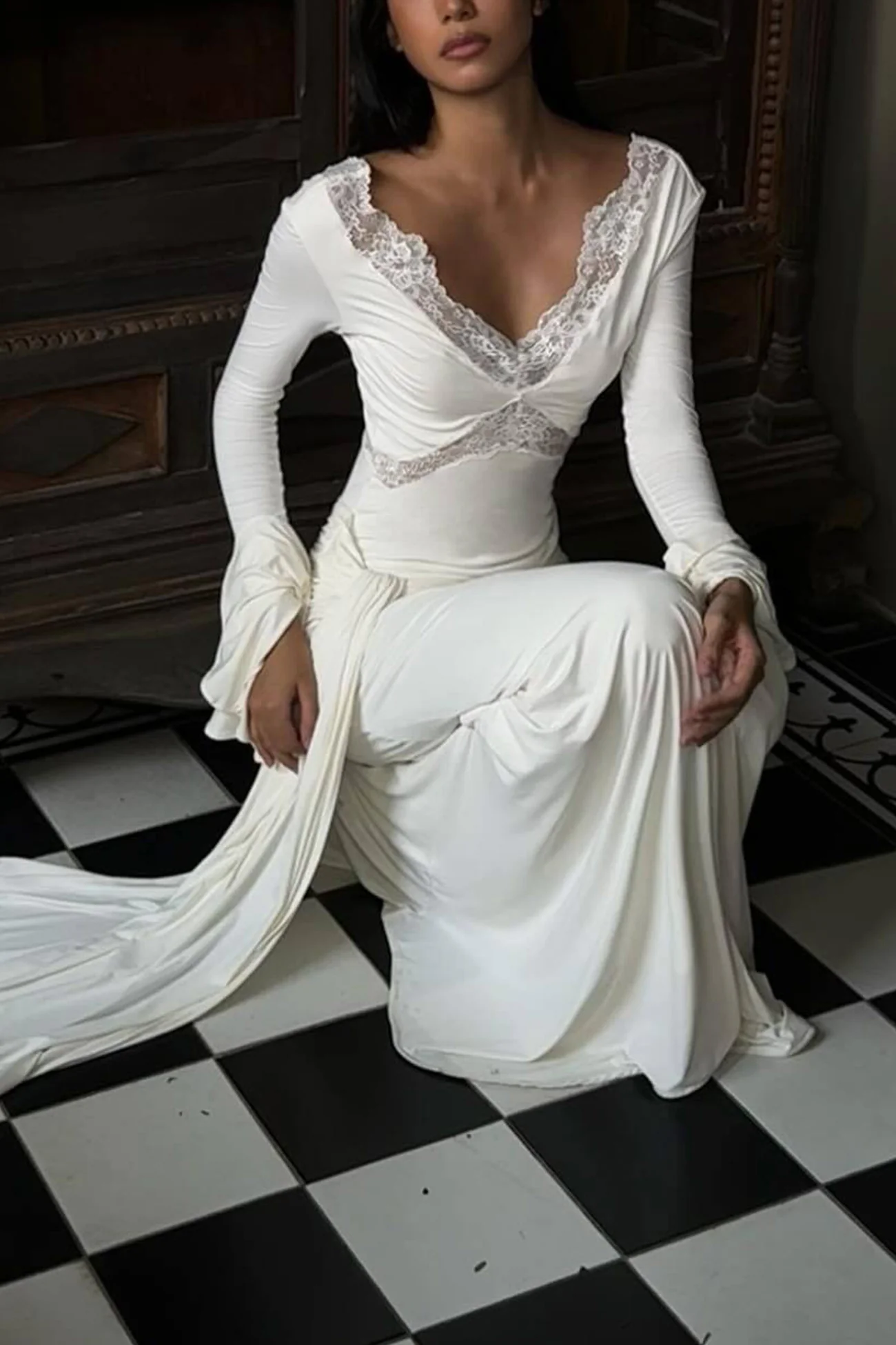 Lace Patchwork Flare Sleeve Tie-up Maxi Dress