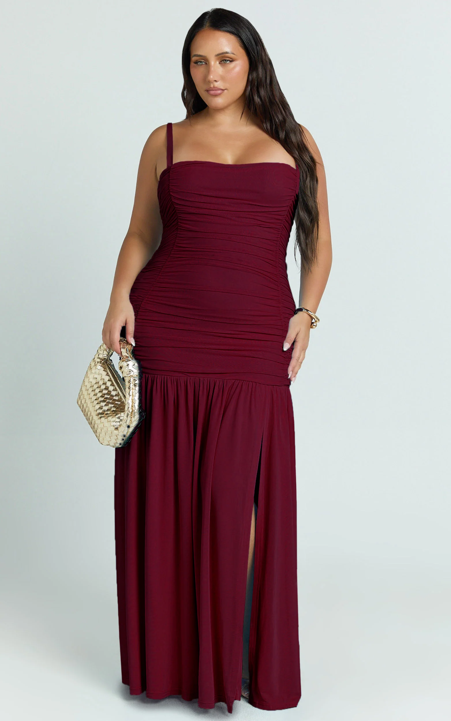 Ruched Mesh High Leg Split Dress in Wine