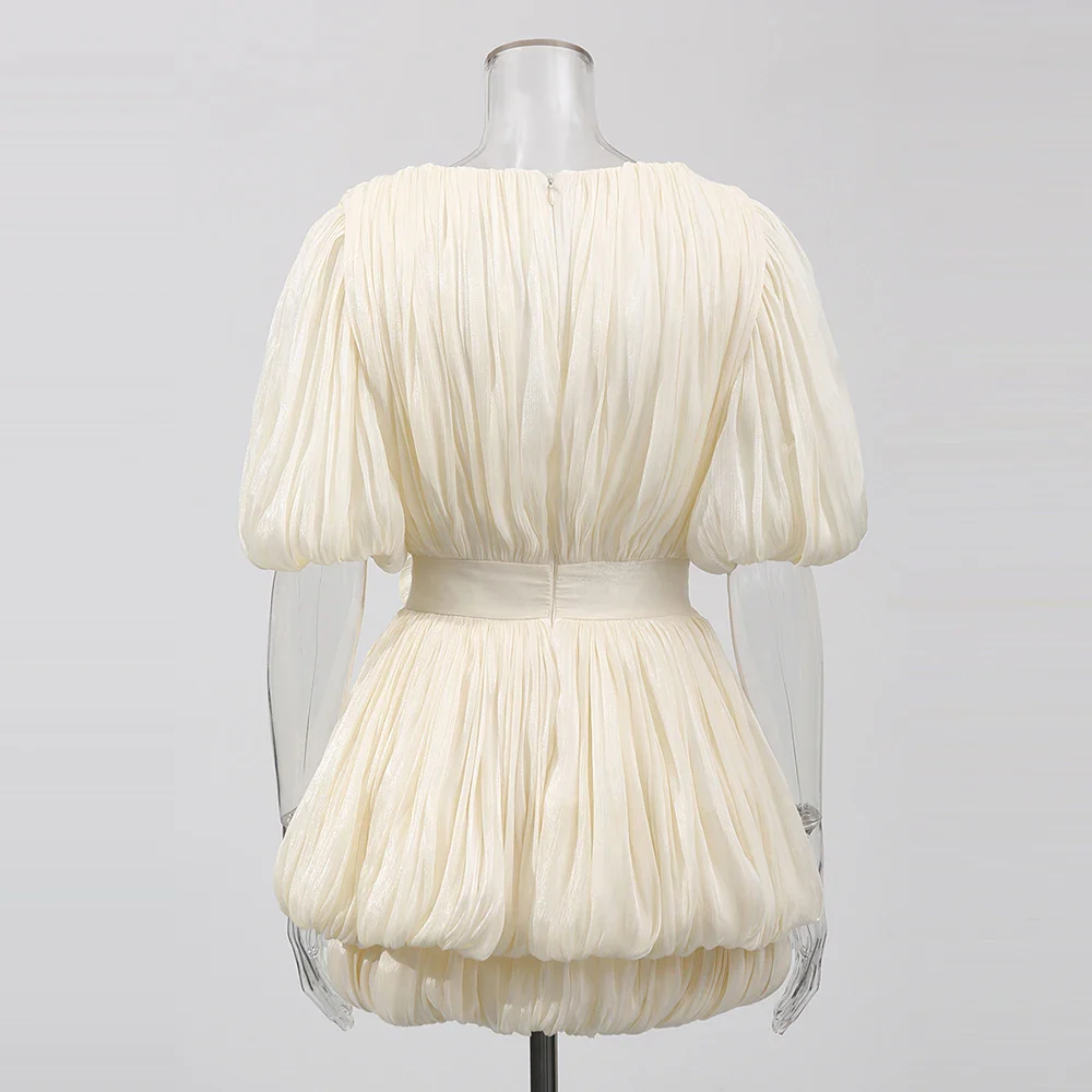 Ruched Deep V Neck Puff Sleeve 3D Flower Mini Dress