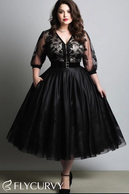 Flycurvy Plus Size Wedding Guest Black Lace Zipper 3/4 Puff Sleeve Belt Midi Dress