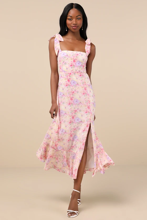 Summer Invite Pink Multi Floral Tie-Strap Tiered Midi Dress