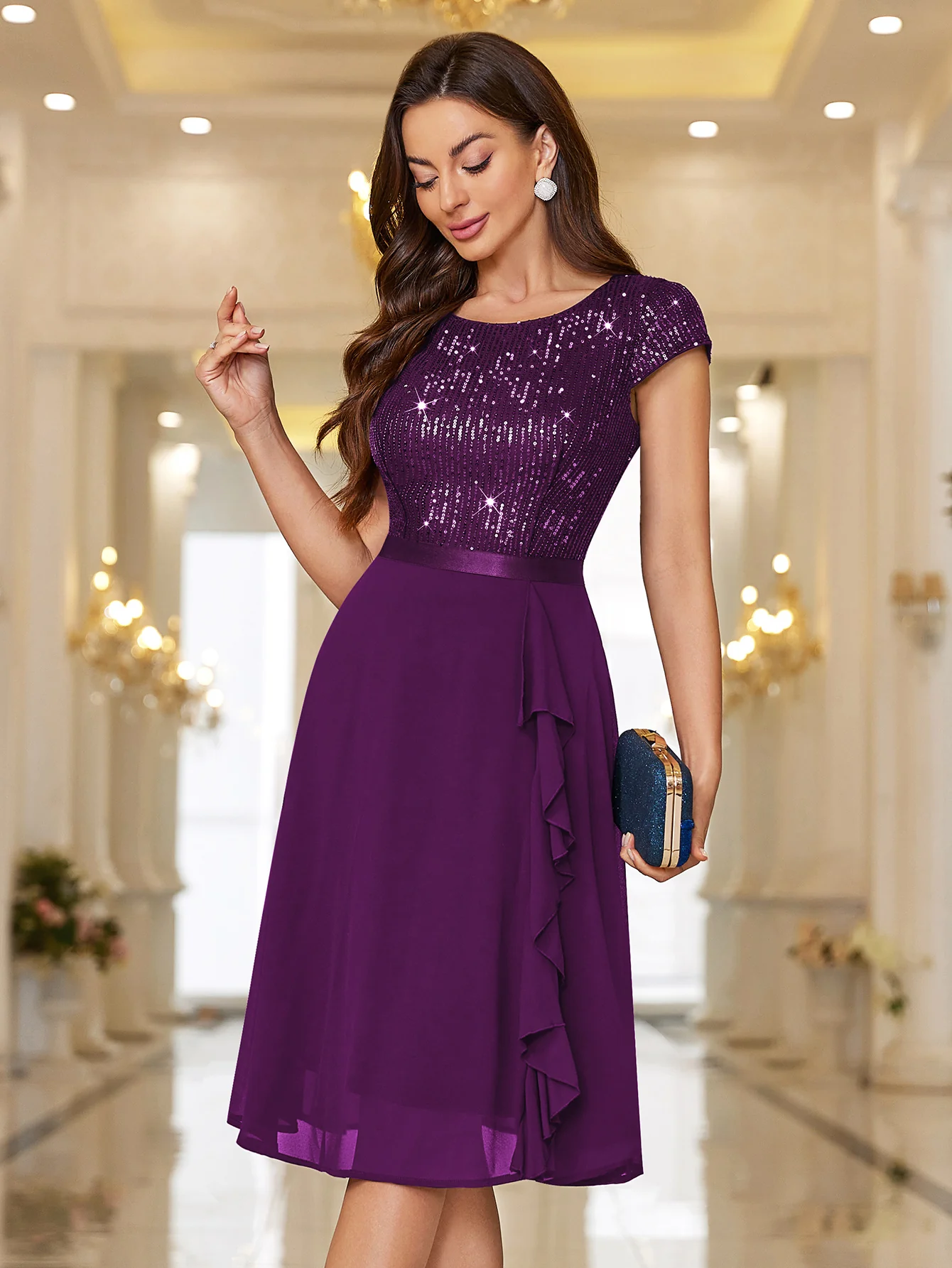 Sequin Lace Ruffle Trim Chiffon Cocktail Party Swing Dress for Weddings, Proms & Formal Events
