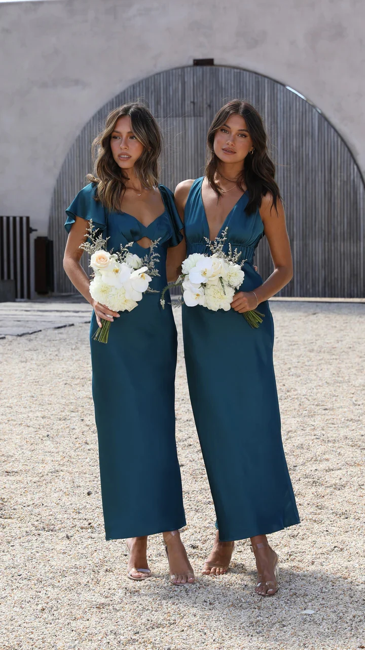 Teal Satin Midi Dress