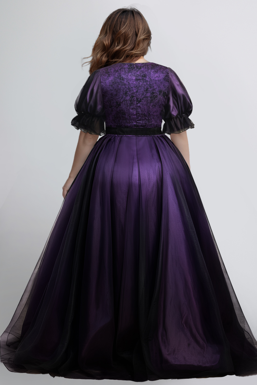 Flycurvy Plus Size Goth Grape Organza Puff Sleeve Printed Lace-Up Maxi Dress