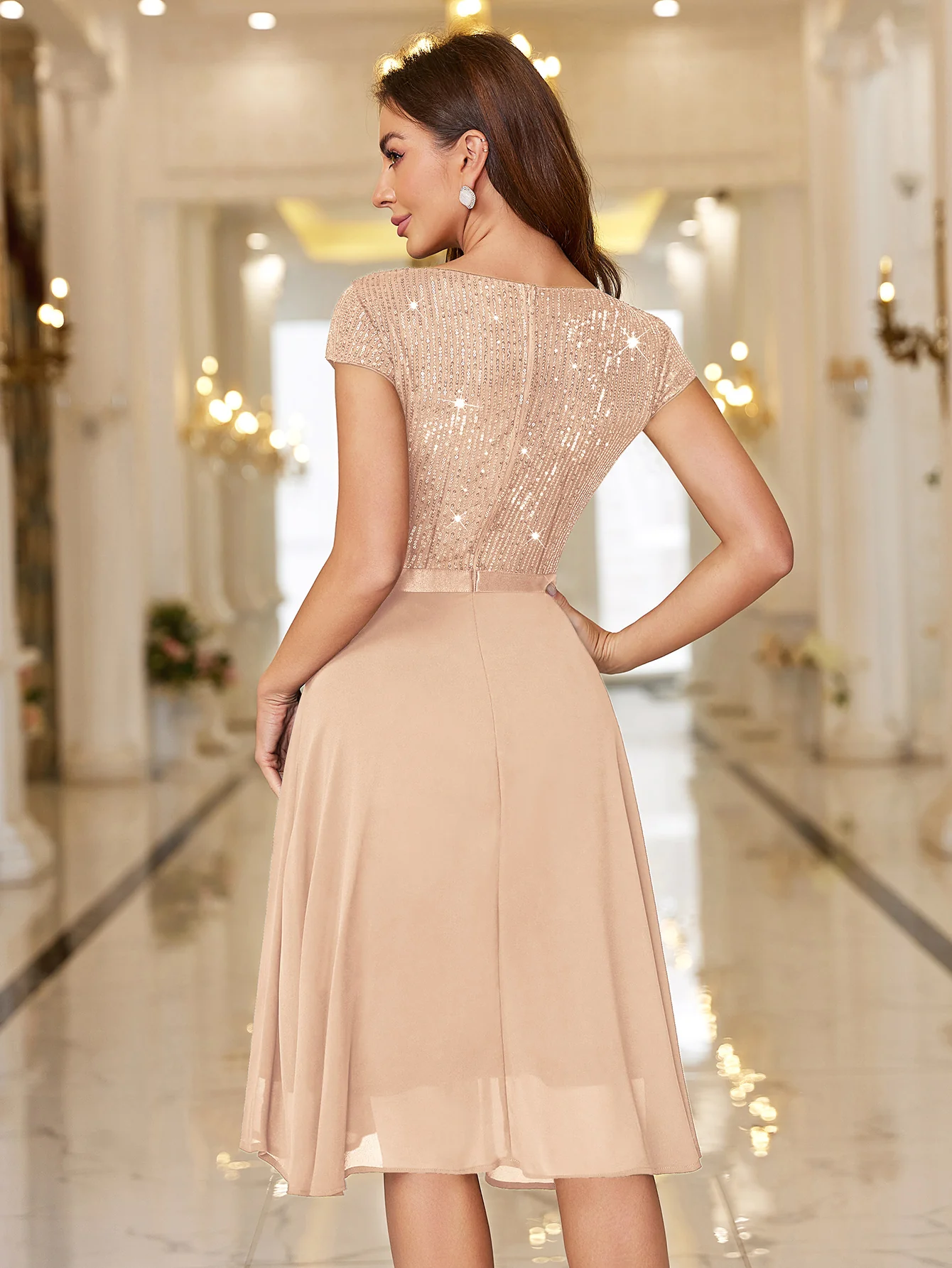 Sequin Lace Ruffle Trim Chiffon Cocktail Party Swing Dress for Weddings, Proms & Formal Events