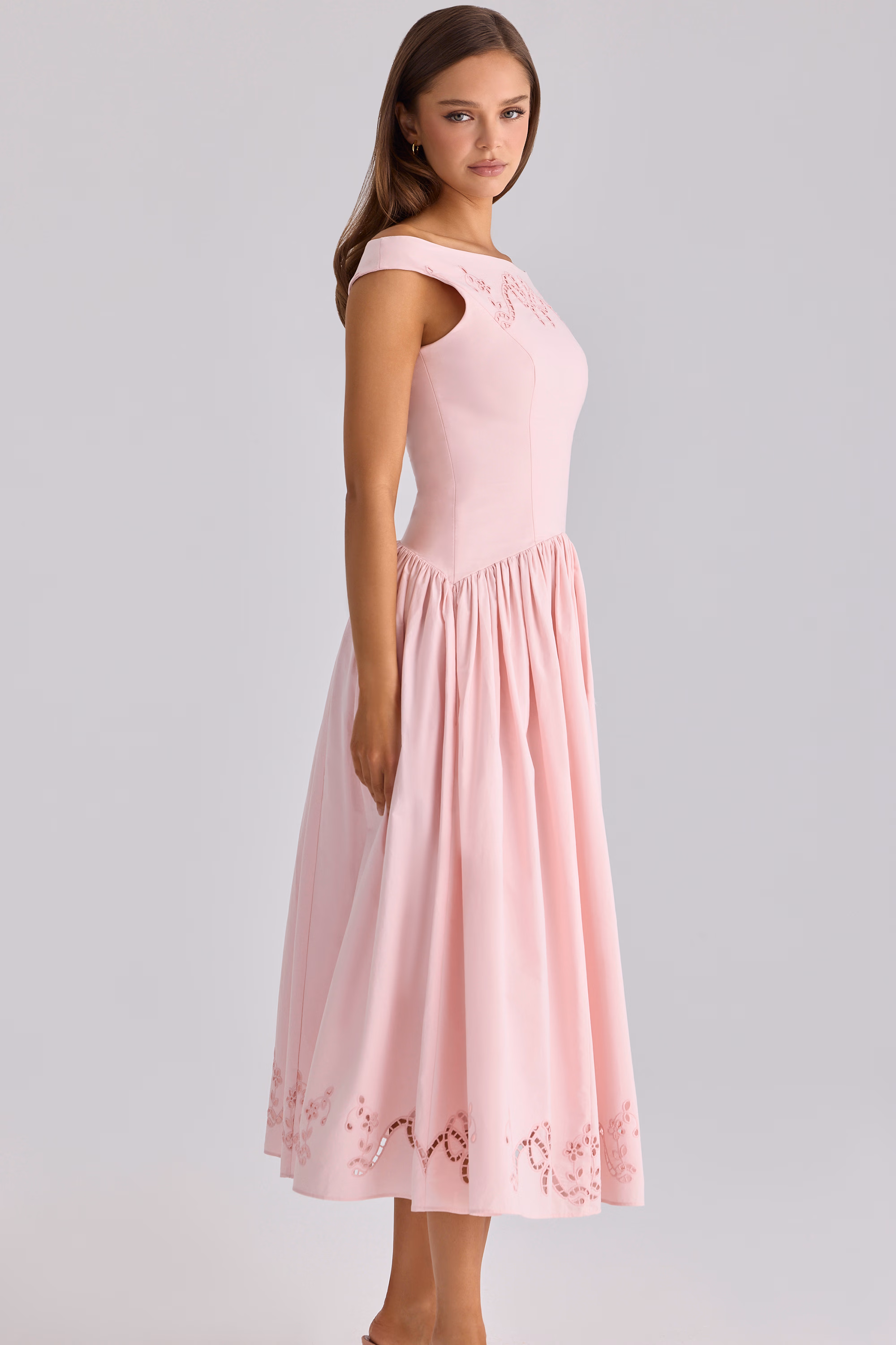 pink cotton broderie anglaise boat neck maxi dress