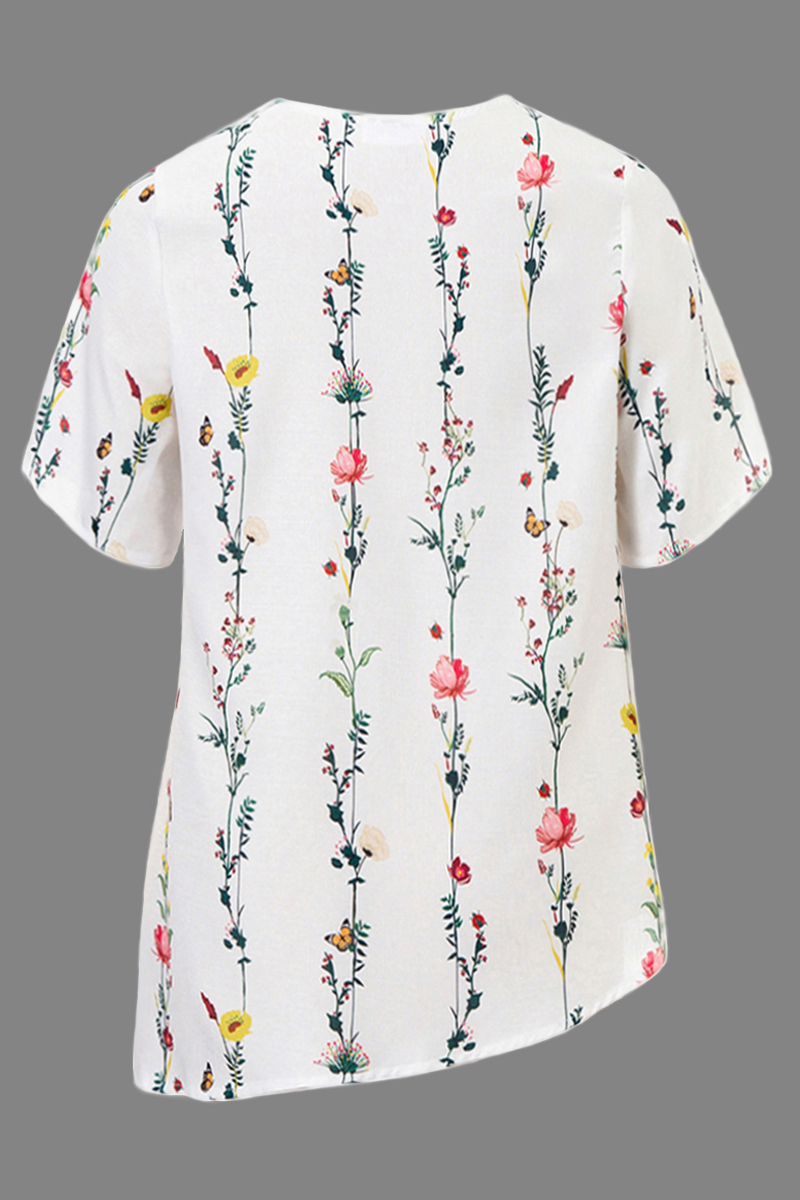 Flycurvy Plus Size Casual White Linen Round Neck Floral Print Half Sleeve Loose Blouse