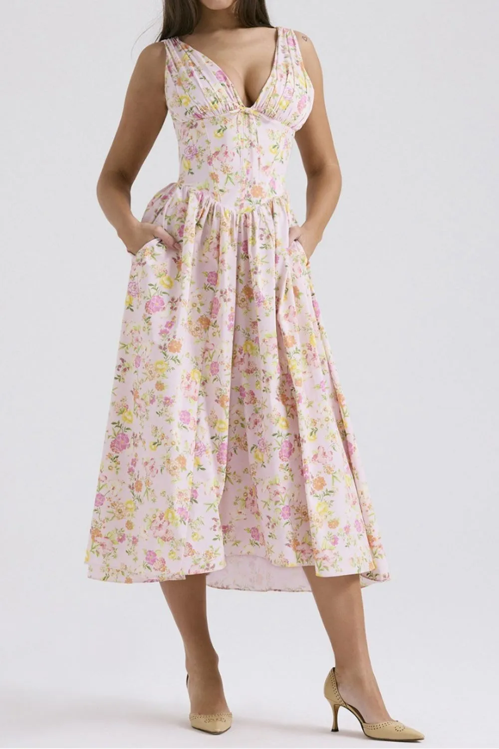 Floral V-Neck Sleeveless Midi Dress with Pockets