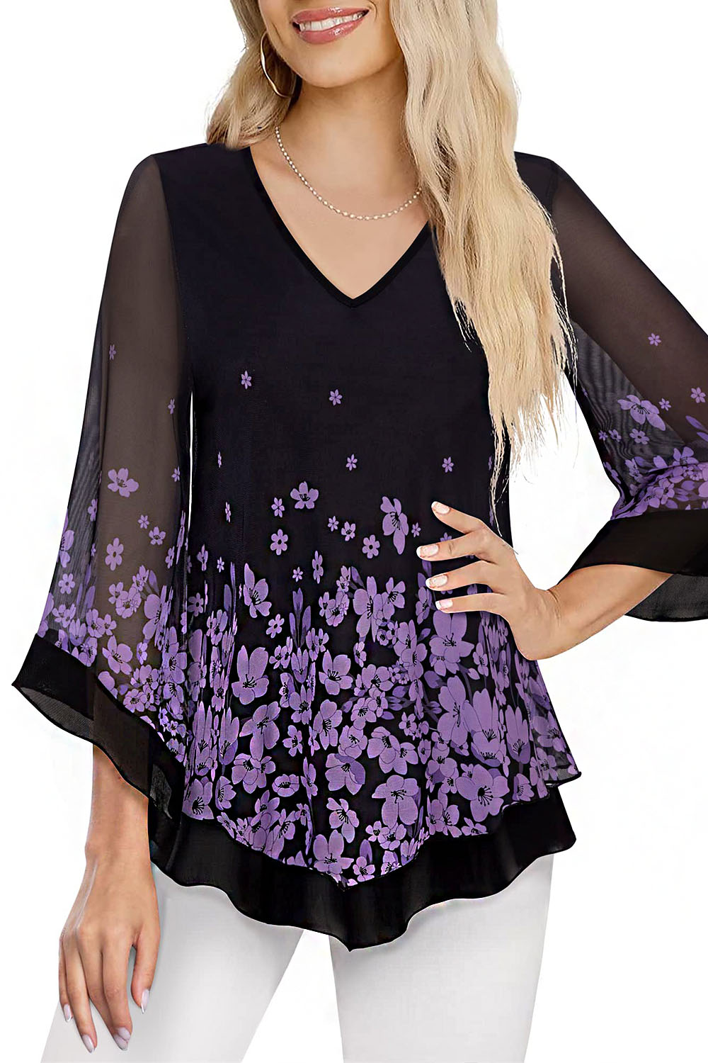 Flycurvy Plus Size Dressy Purple Chiffon Floral Print Flutter Sleeve Blouse