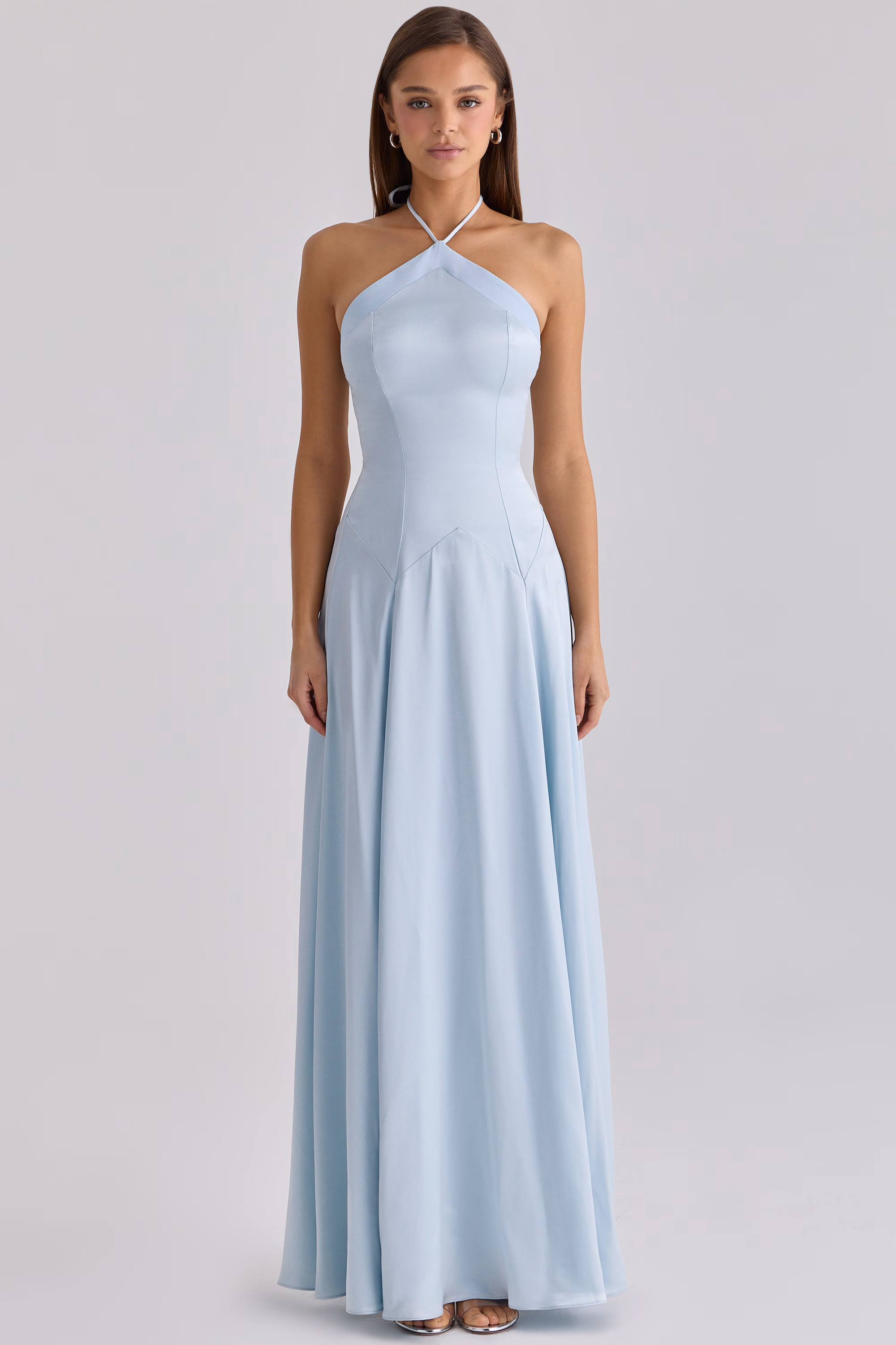 Avelina blue satin halter neck godet maxi dress