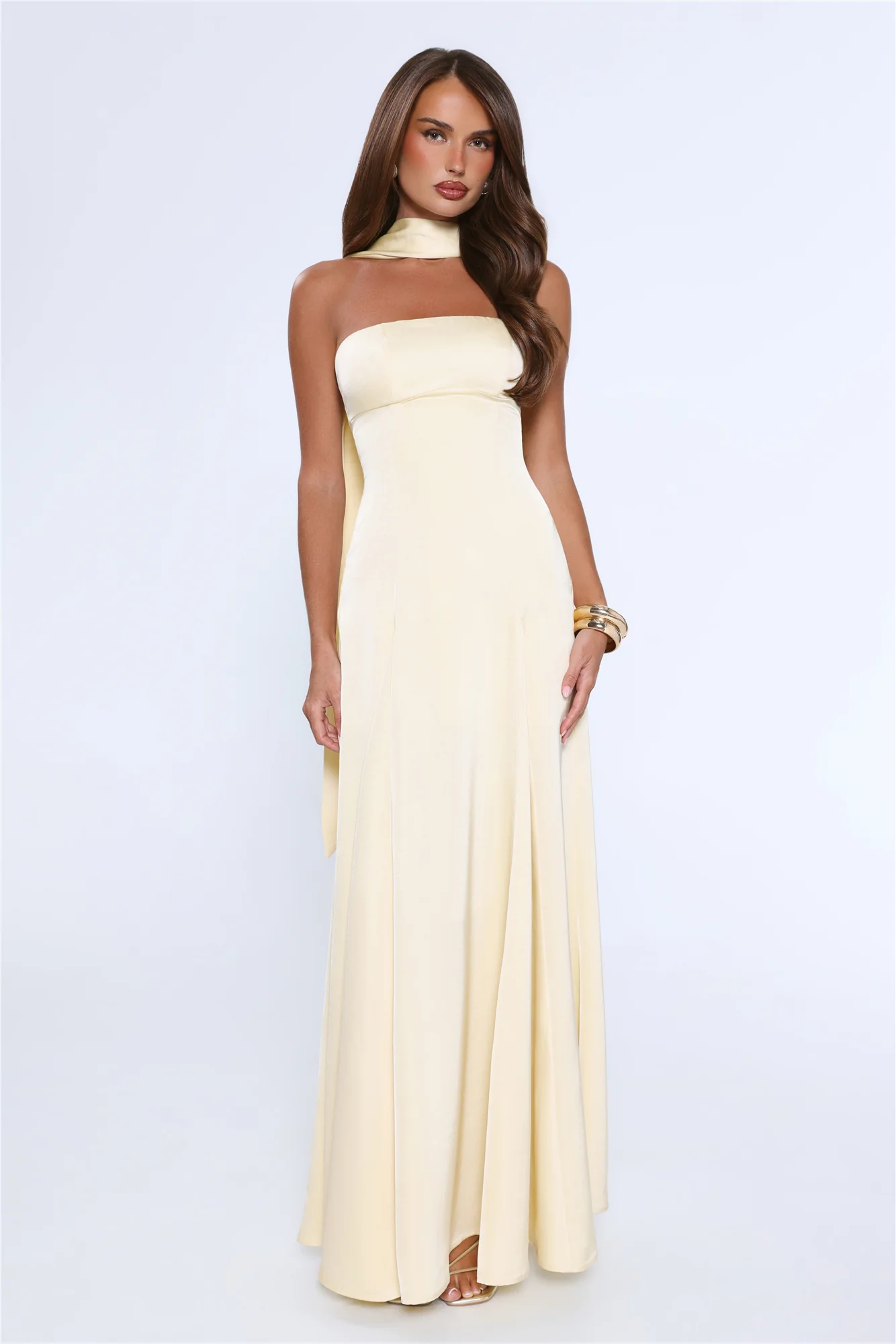 Satin Tempt Strapless Maxi Dress Lemon
