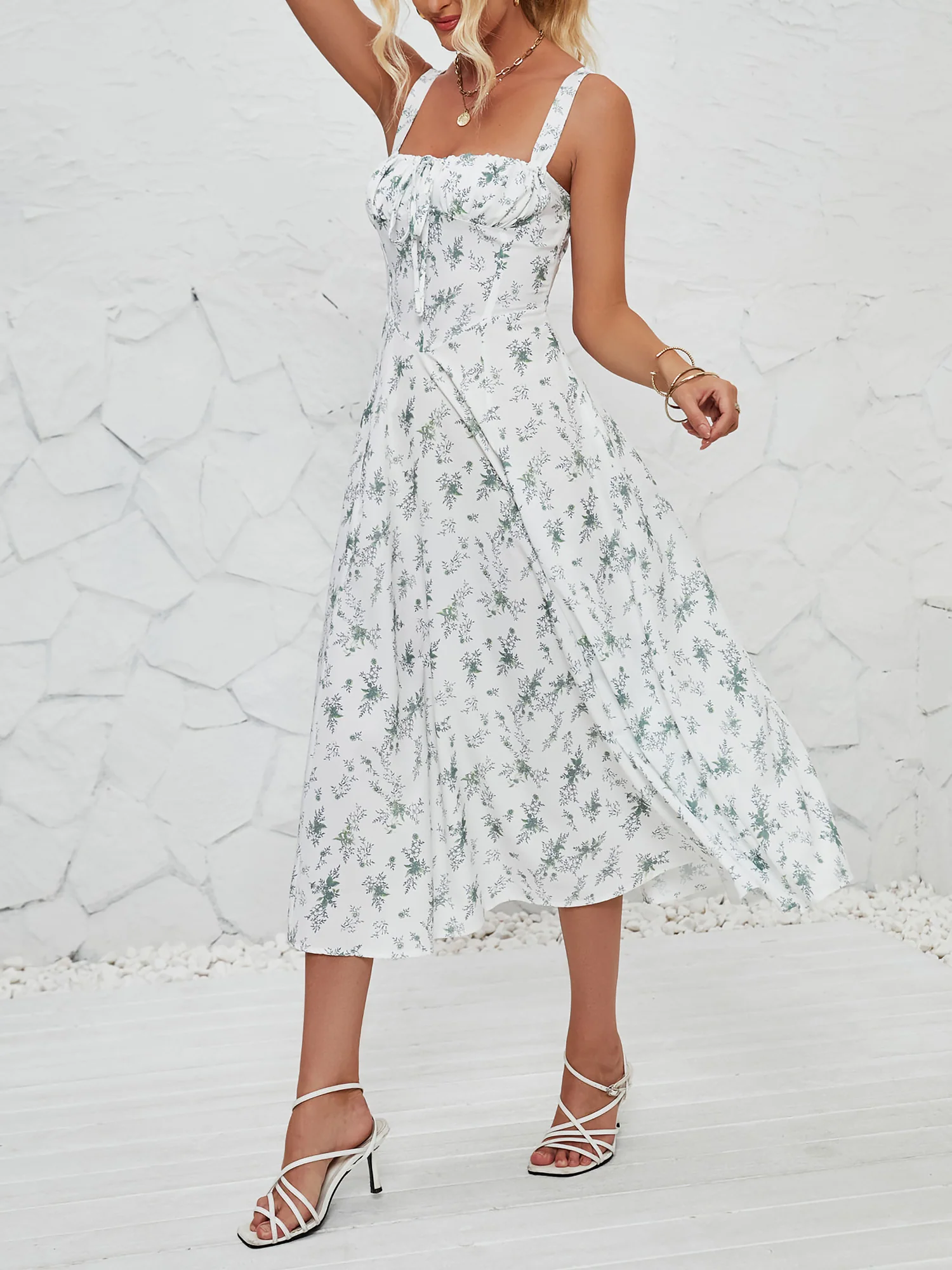 Floral Sleeveless Lace-Up Side Slit Dress Sundress