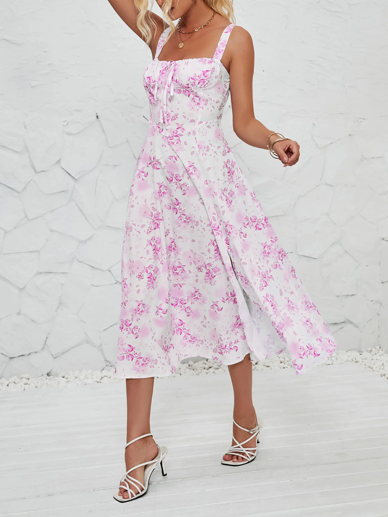 Floral Sleeveless Lace-Up Side Slit Dress Sundress