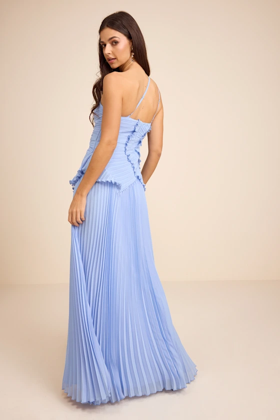 Magdalene Powder Blue Pleated Asymmetrical Maxi Dress