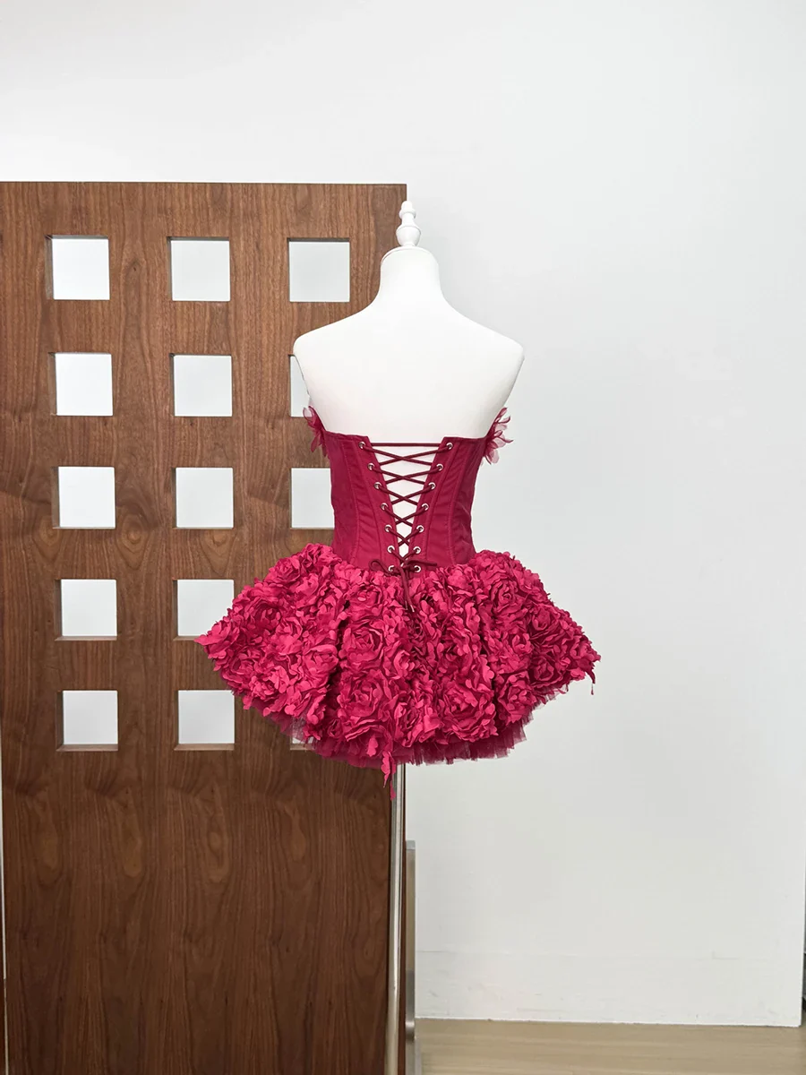 Red Strapless 3D Flower Ruffle Tulle Mini Dress