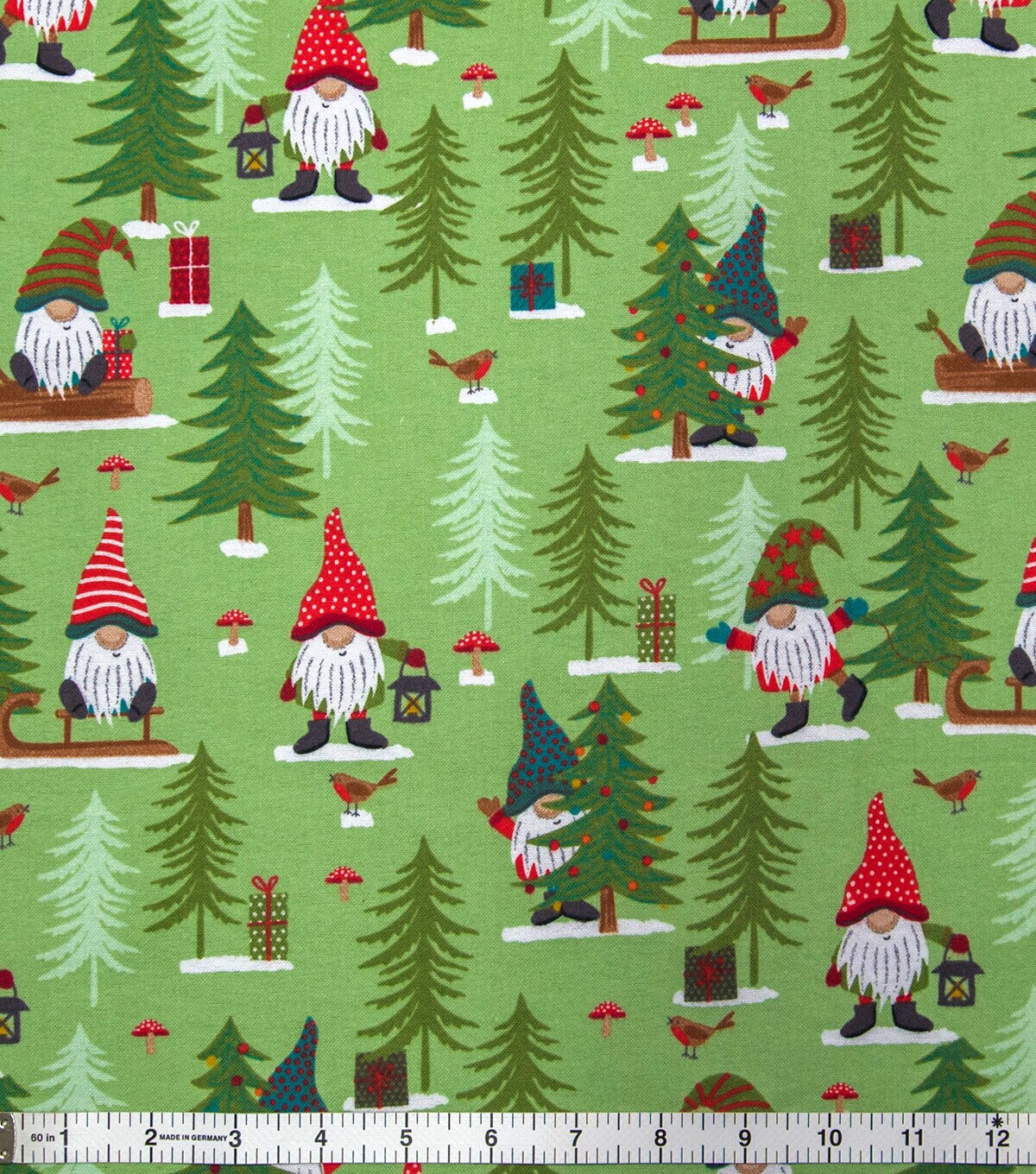 Winter Gnomes & Trees on Green Super Snuggle Christmas Flannel Fabric
