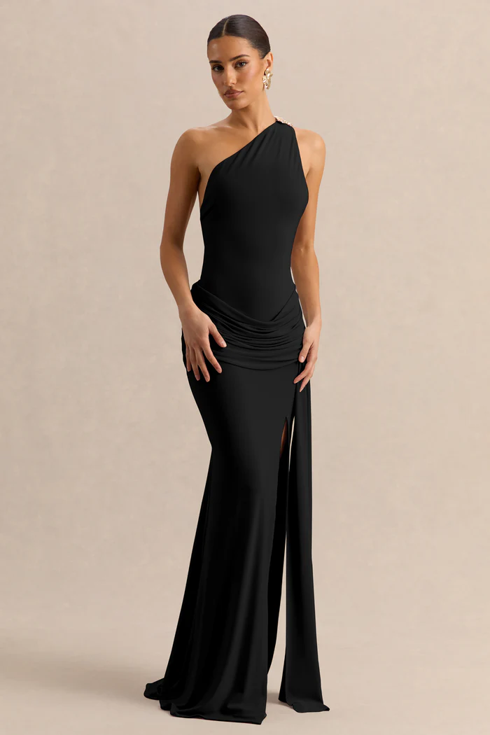 Black Asymmetric-Neck Maxi Dress With Gold-Detail And Front-High Split