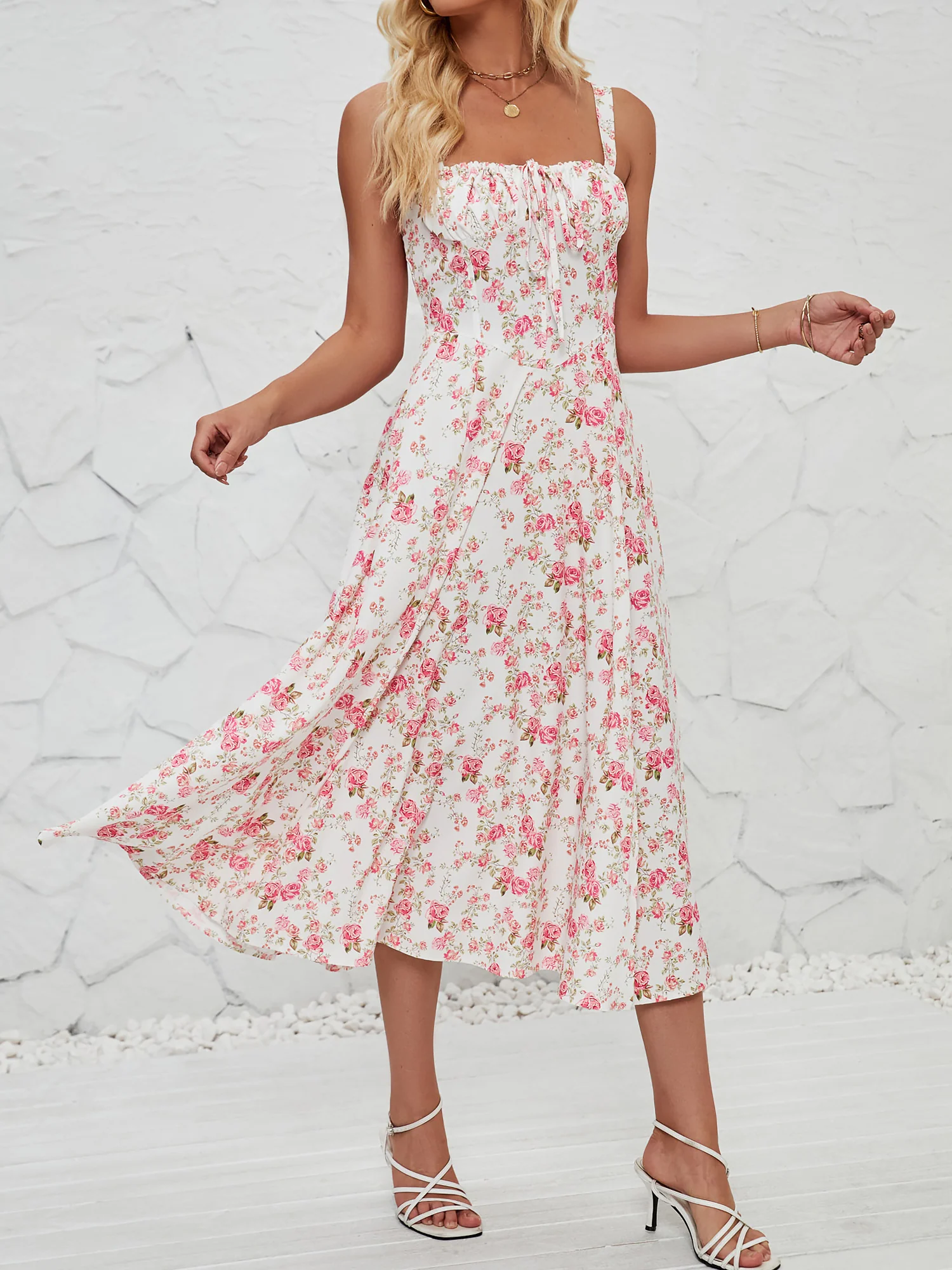 Floral Sleeveless Lace-Up Side Slit Dress Sundress