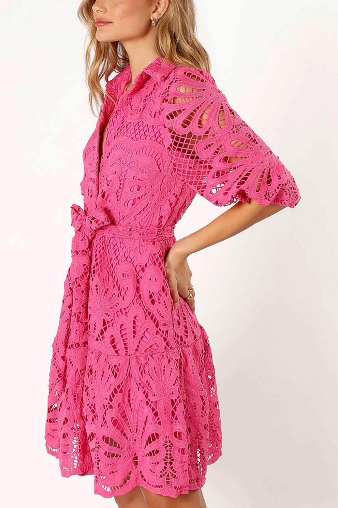 Lace Half Sleeve Tie-up Mini Dress