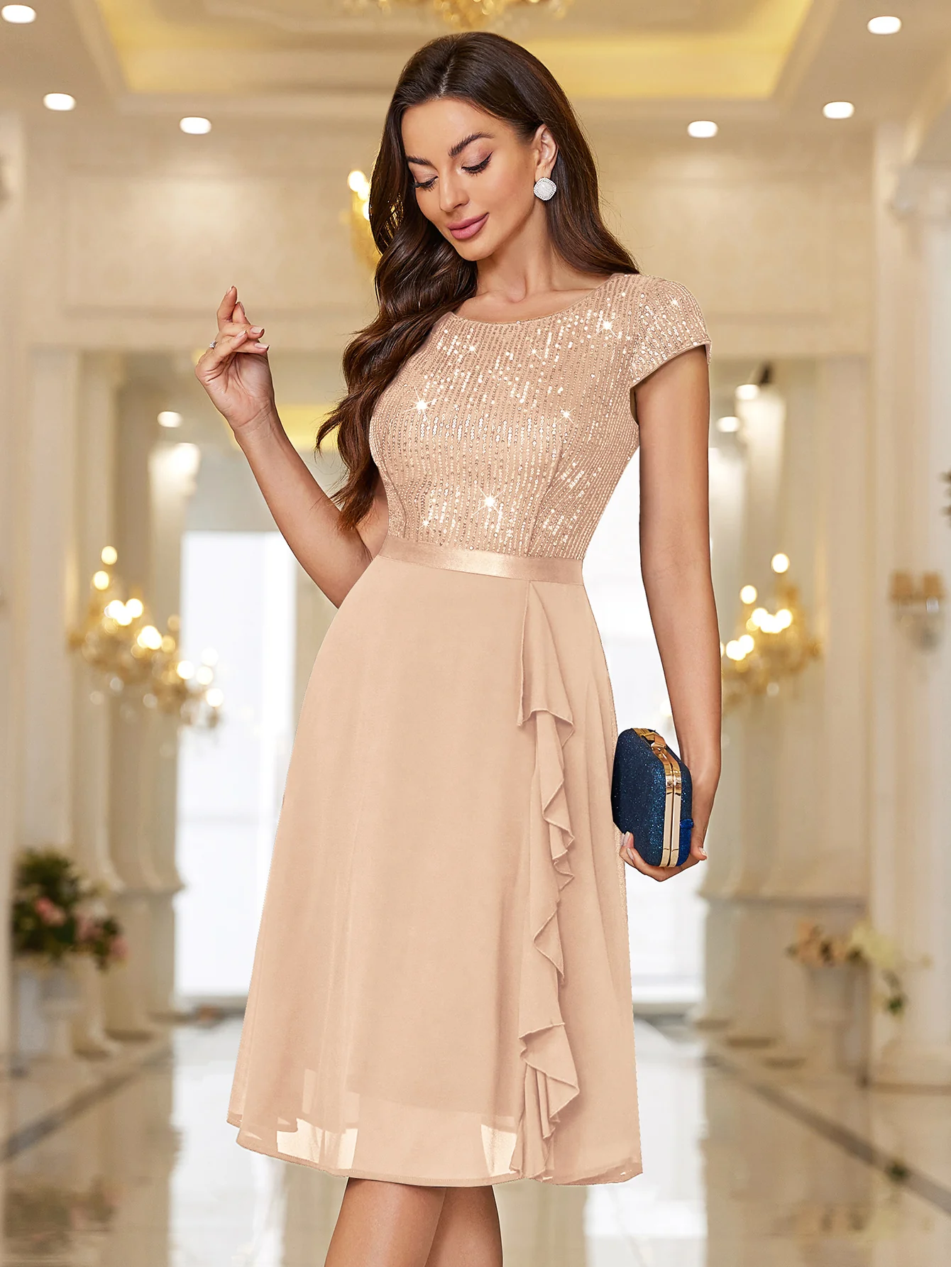 Sequin Lace Ruffle Trim Chiffon Cocktail Party Swing Dress for Weddings, Proms & Formal Events
