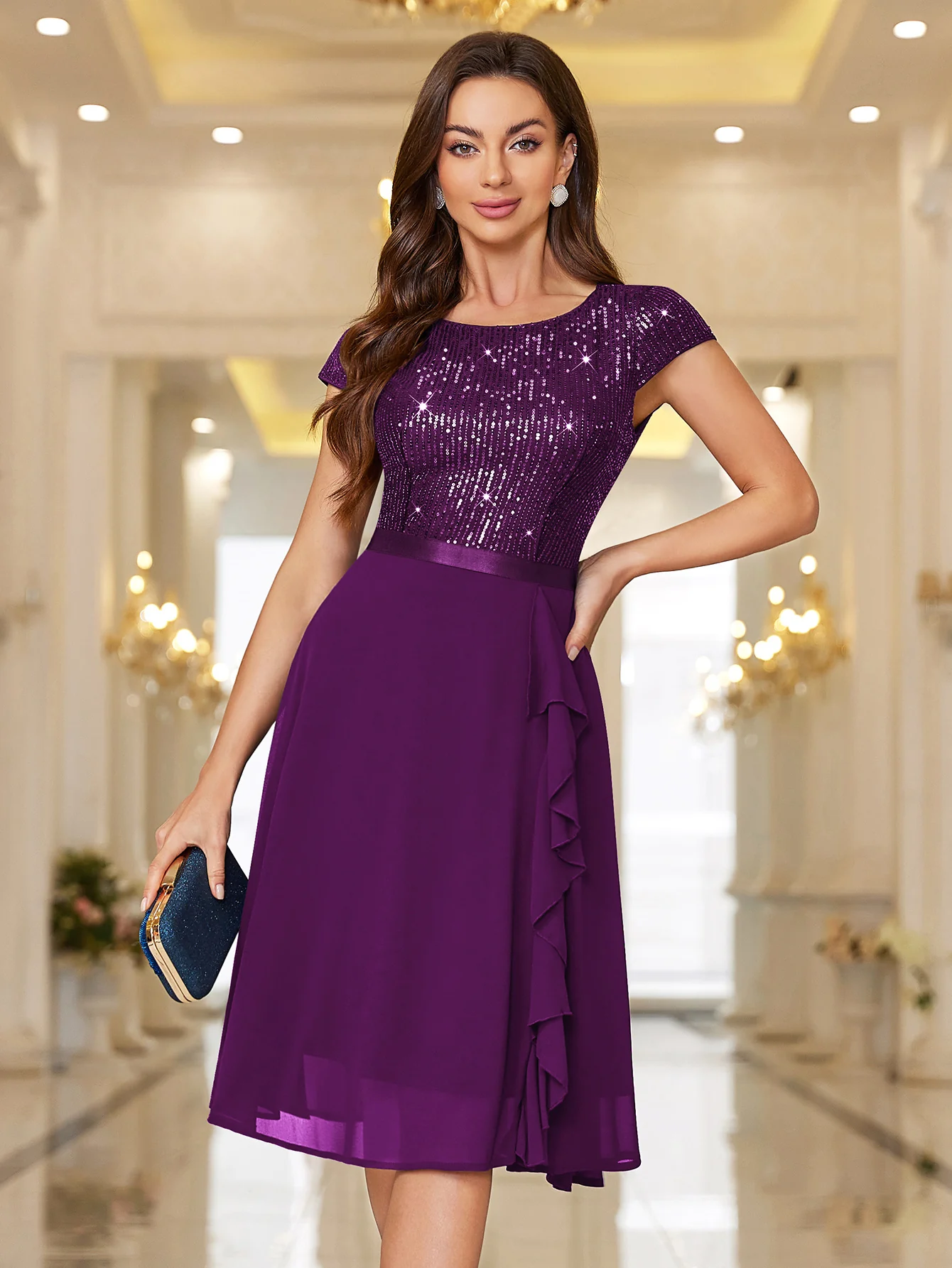 Sequin Lace Ruffle Trim Chiffon Cocktail Party Swing Dress for Weddings, Proms & Formal Events