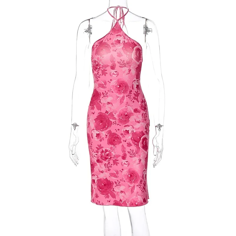 Rose Pink Print Halter Midi Dress