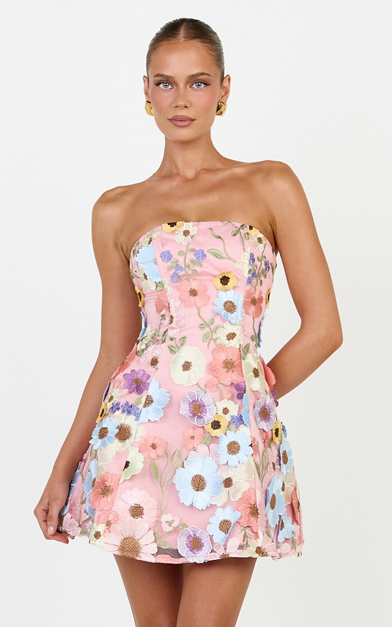 Strapless 3D Floral Fit And Flare Dress in Multi