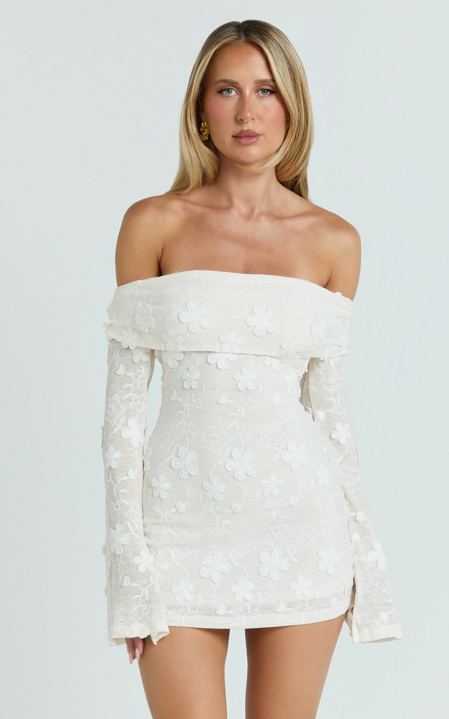 Off Shoulder Long Sleeve Fitted Dress in Ivory